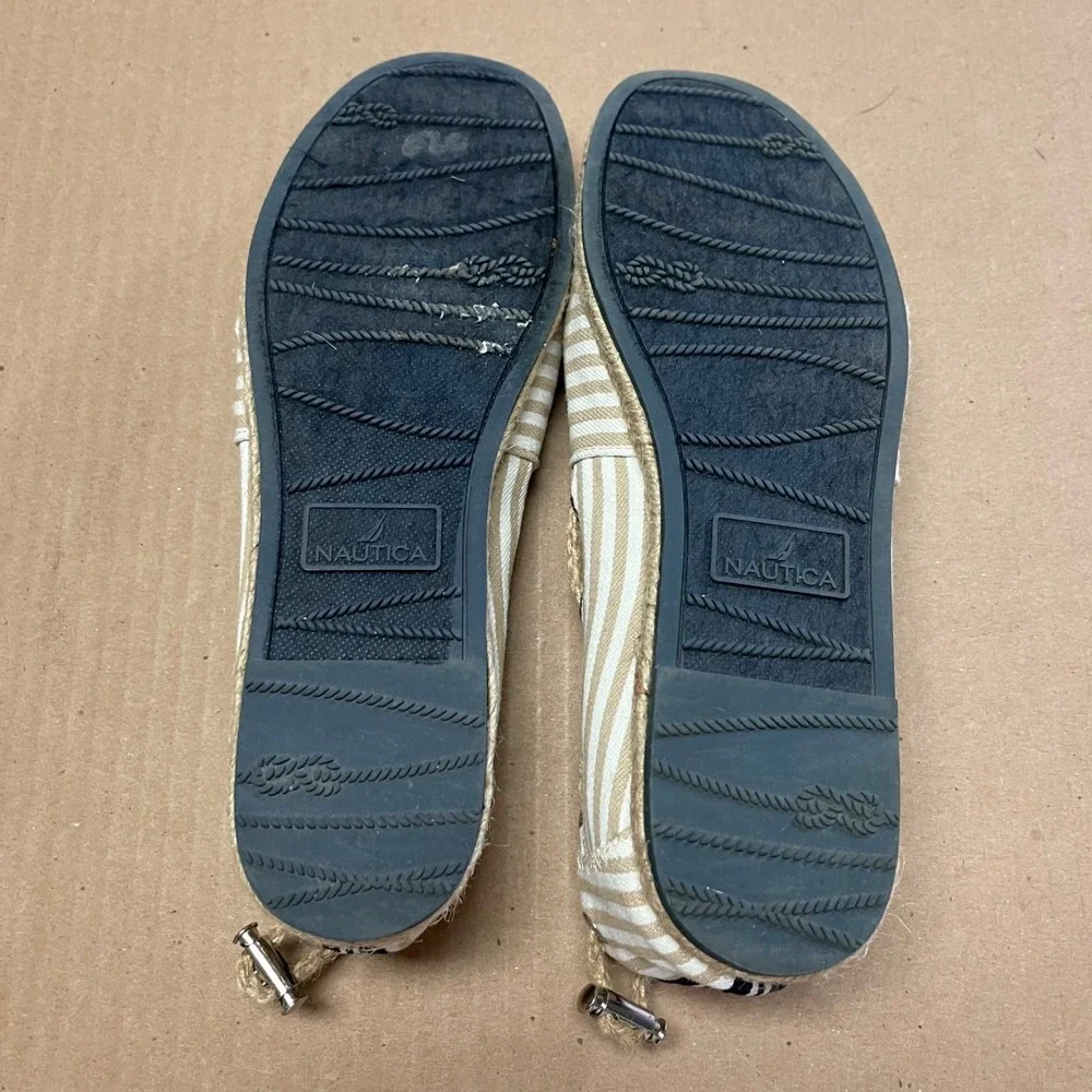 Nautica Women's Sz 8/38 Rudder Tan Striped‎ Canvas Espadrille Slip On Boat Shoes